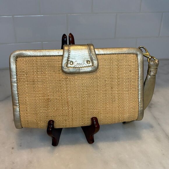 Coach Parker Natural Straw Leather Trim Clutch Wristlet Wallet Clutch - Picture 4 of 16